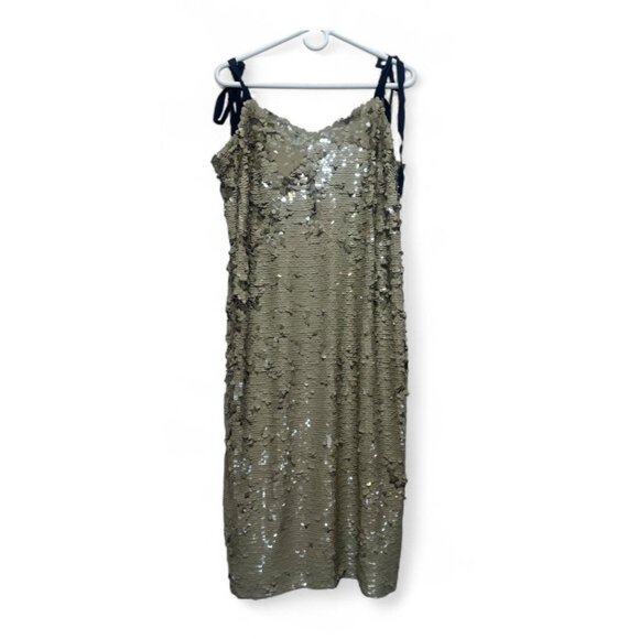 J.Crew Collection Desert Canyon Sequins Midi Dress 12 Gold Tie Shoulders Party - Picture 3 of 15
